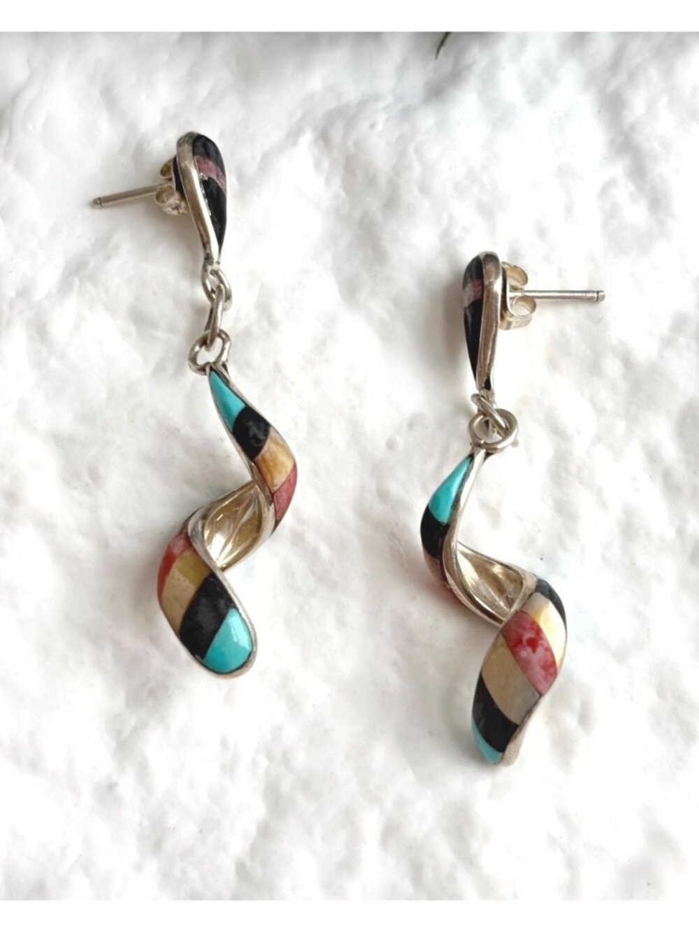 Rare Zuni Stone Spiral Corkscrew Southwest Vintage Sterling Silver 925 Earrings
